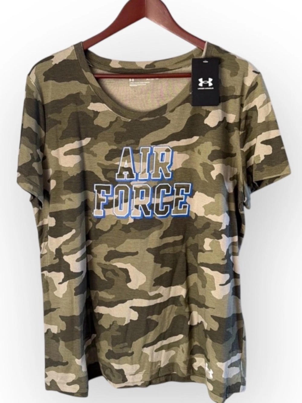 NWT Under Armour Air Force Camo T-Shirt Women’s XL Loose Fit Green Performance